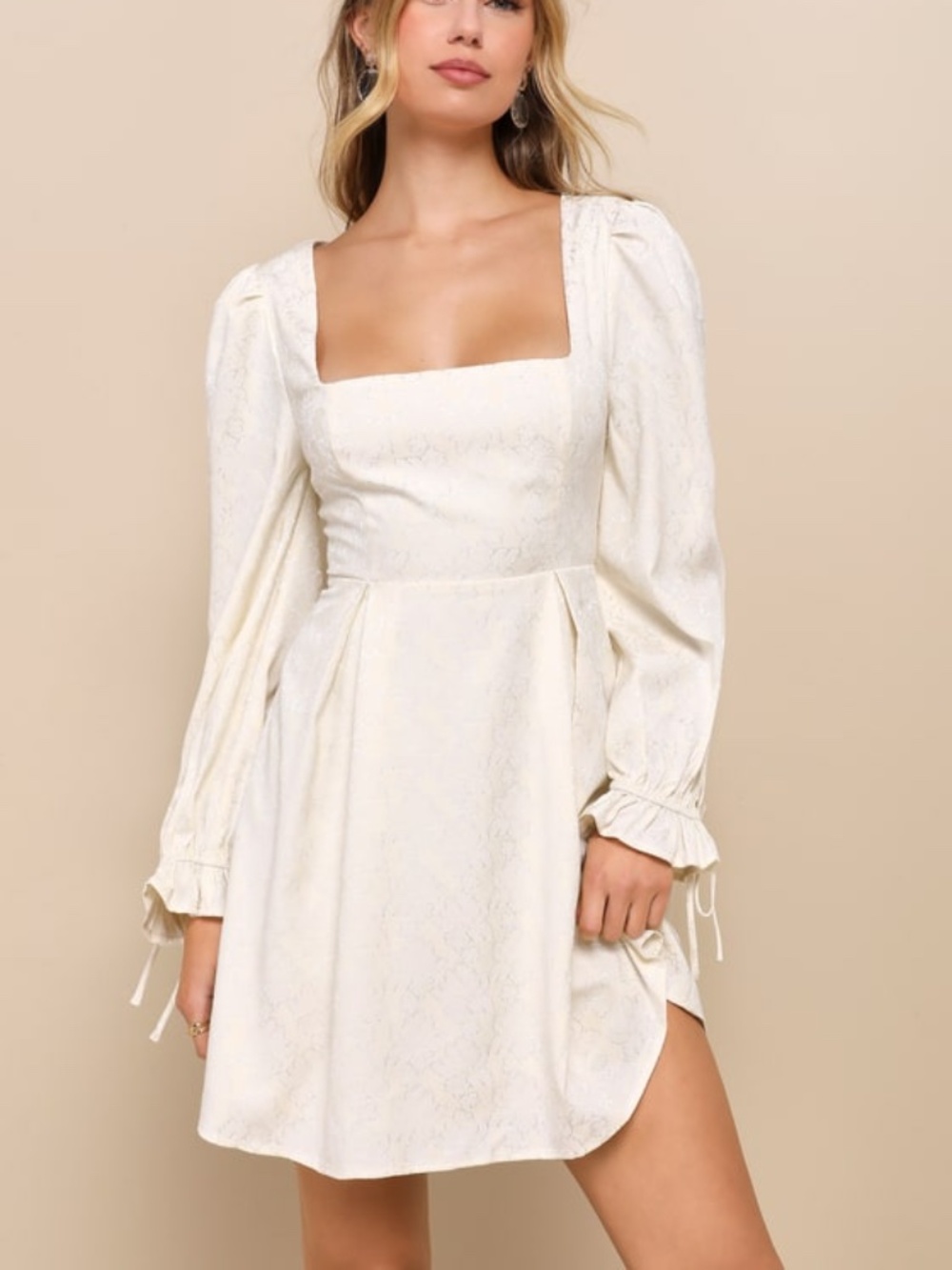Lulus Elegant Adoration Cream Floral Jacquard Long Sleeve Mini Dress White - Picture 1 of 1